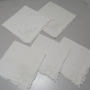 5 vintage Lunch Napkins White Linen Whitework & Cut Embroidered Floral 11 & 12"